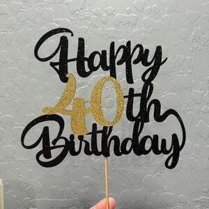 Happy 40th Birthday Cake Topper Glitter Black and Gold